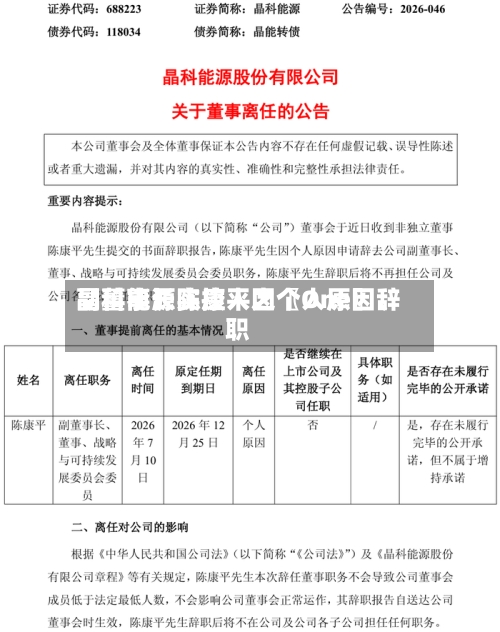 晶科能源实控人之〖One〗、副董事长陈康平因个人原因辞职-第2张图片