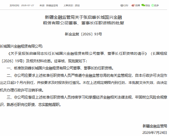 张启峰获批担任长城国兴金租董事	、董事长